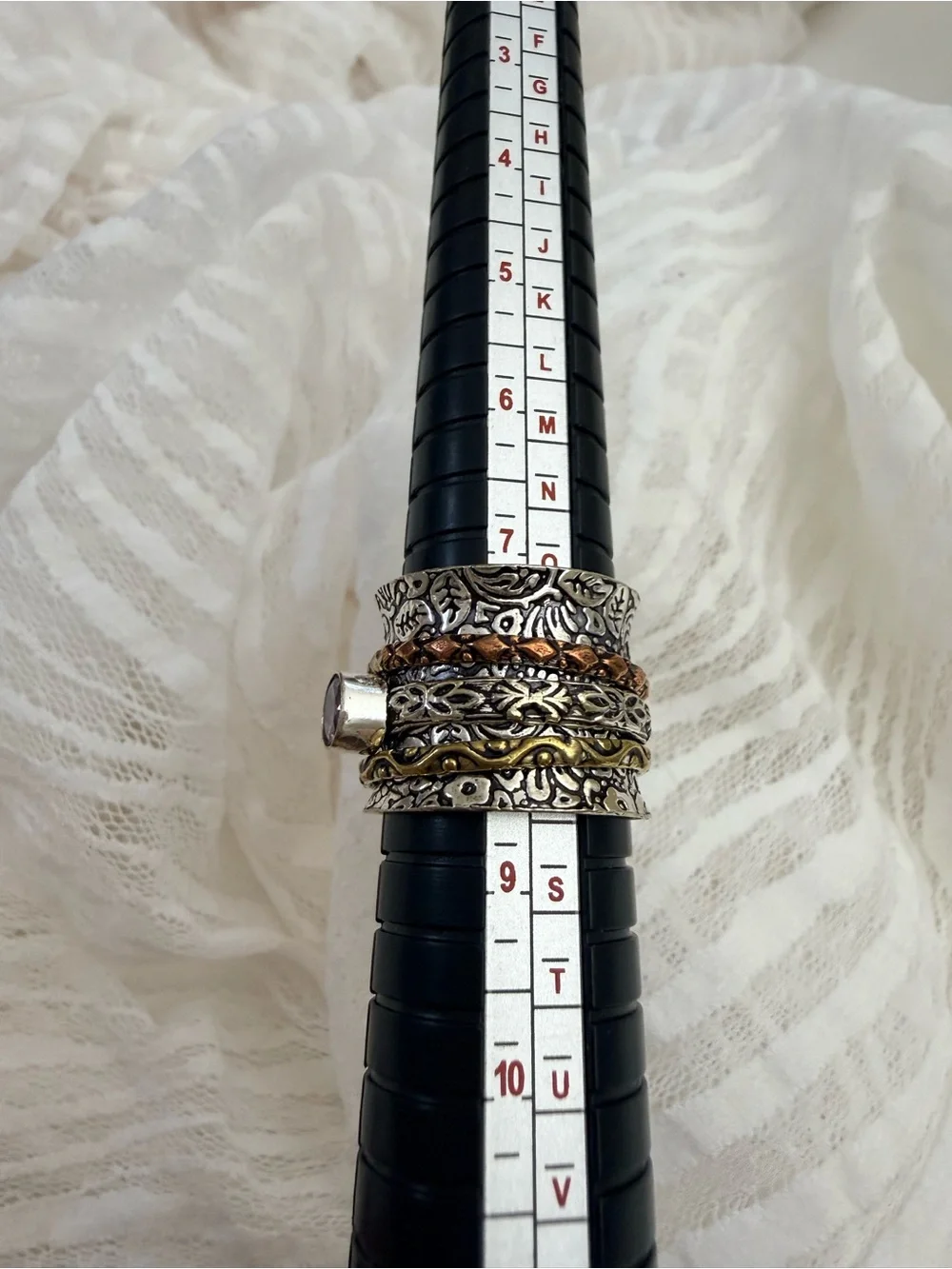 Sz 8 Boho  Silver Spinner Ring with Amethyst Stone and Mixed Metal Accents